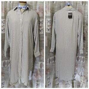 NWT Forever 21 Black White Striped Long Sleeve Button Up Woven Tunic Top Size M